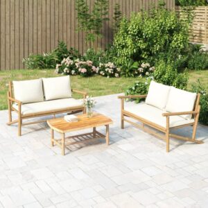 Elegant Outdoor Bamboo Garden Bench with Cream White Cushions Patio Seat