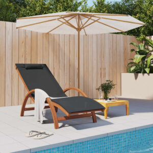 Grey Textilene Outdoor Sun Lounger with Pillow Solid Wood Comfortable Patio Chair