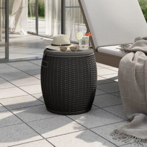 Versatile Outdoor Garden Storage Box Stool Side Table Ice Cooler Rattan Design Black