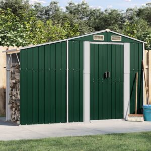 Green Galvanised Steel Outdoor Garden Shed with Sloping Roof and Ventilation