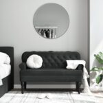 Elegant Black Velvet Bench with Backrest - Wave Design  Tufted  Rolled Arms