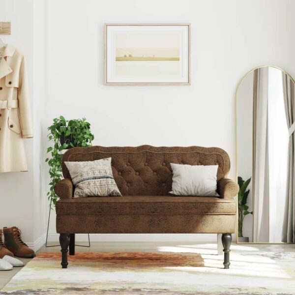 Elegant Brown Faux Suede Leather Bench with Backrest Comfortable Wave Design