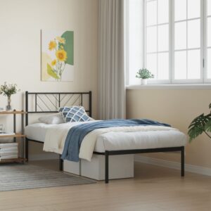 Elegant Single Metal Bed Frame with Headboard Sturdy Steel Slats Black Bedroom