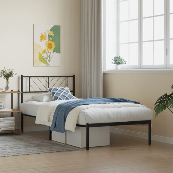 Elegant Single Metal Bed Frame with Headboard Sturdy Steel Slats Black Bedroom