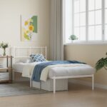 Elegant White Metal Single Bed Frame with Headboard Sturdy Slats Storage Space