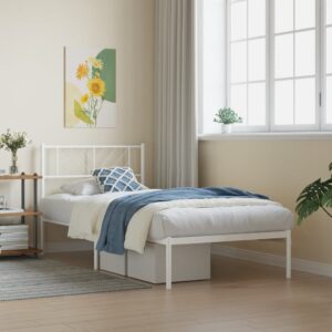 Elegant White Metal Single Bed Frame with Headboard Sturdy Slats Storage Space