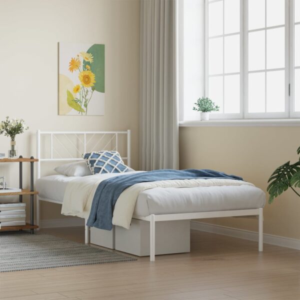 Elegant White Metal Bed Frame with Headboard Sturdy Steel Slats Storage Space