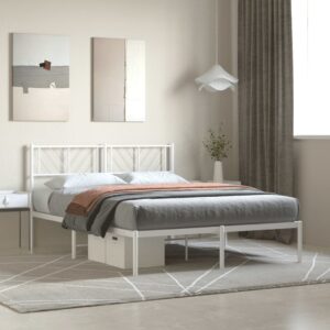 Elegant White Metal Bed Frame with Headboard Sturdy Steel Slatted Support