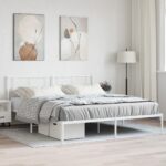 King Size White Metal Bed Frame with Elegant Headboard Sturdy Steel Construction