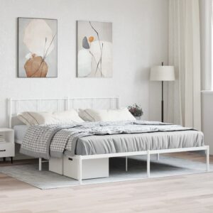 King Size White Metal Bed Frame with Elegant Headboard Sturdy Steel Construction