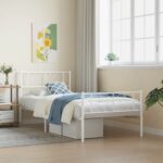 Elegant White Metal Single Bed Frame with Headboard Footboard Sturdy Slats