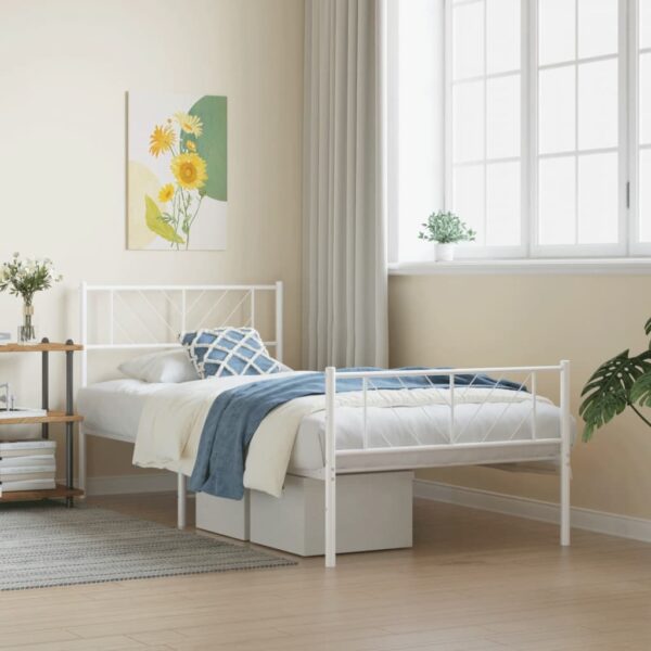 Elegant White Metal Single Bed Frame with Headboard Footboard Sturdy Slats