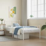 Elegant White Metal Bed Frame with Headboard Footboard Sturdy Steel Slats