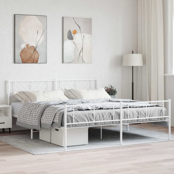 Elegant White King Size Metal Bed Frame with Headboard Storage Space