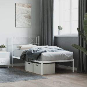 Elegant White Metal Single Bed Frame with Headboard Sturdy Steel Slats Storage