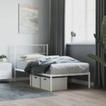 Elegant White Metal Bed Frame with Headboard Sturdy Steel Slats Storage Space