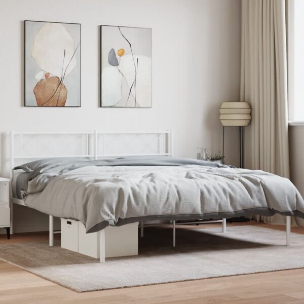 Elegant White Metal Bed Frame with Headboard Sturdy Steel Slats Queen Size