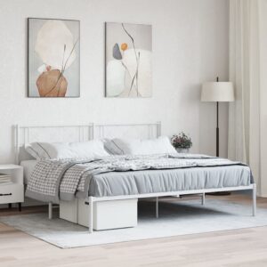 Elegant White King Size Metal Bed Frame with Headboard Sturdy Steel Construction