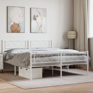 Elegant White Metal Bed Frame with Headboard Footboard Sturdy Steel Slats Support