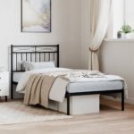 Elegant Single Metal Bed Frame with Headboard Sturdy Steel Slats Black Bedroom