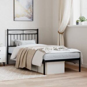 Elegant Single Metal Bed Frame with Headboard Sturdy Steel Slats Black Bedroom