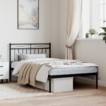 Elegant Black Metal Bed Frame with Headboard Sturdy Steel Slats Storage Space