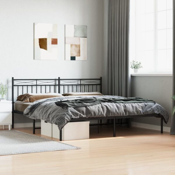 King Size Metal Bed Frame with Headboard Elegant Black Sturdy Steel Slats