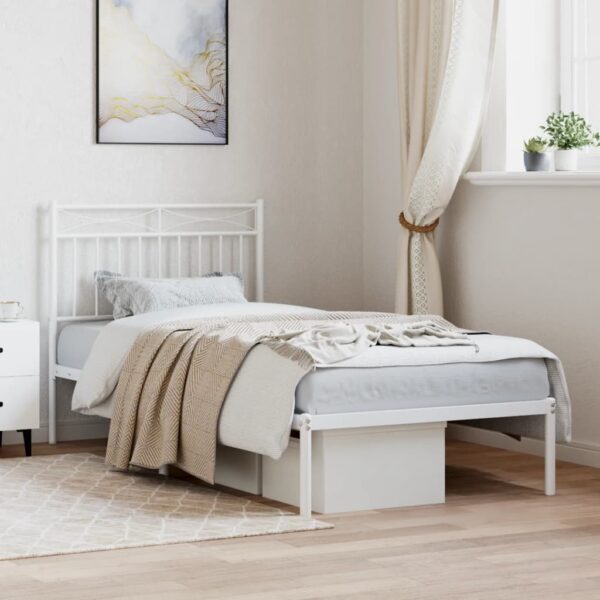 Elegant White Metal Single Bed Frame with Headboard Sturdy Steel Slats Support