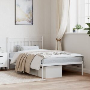 Elegant White Metal Bed Frame with Headboard Sturdy Steel Slats Storage Space