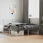 Elegant White Metal Bed Frame with Headboard Sturdy Steel Slats Storage Space