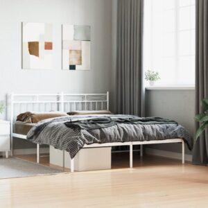 Elegant White Metal Bed Frame with Headboard Sturdy Steel Slats Queen Size