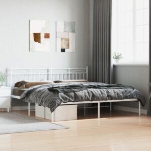 Elegant White King Size Metal Bed Frame with Headboard Sturdy Steel Construction