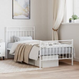 Elegant White Metal Single Bed Frame with Headboard Footboard Sturdy Steel Slats