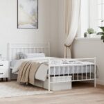 Elegant White Metal Bed Frame with Headboard Footboard Sturdy Steel Slats Support