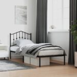 Elegant Single Metal Bed Frame with Headboard Sturdy Steel Slats Black Finish