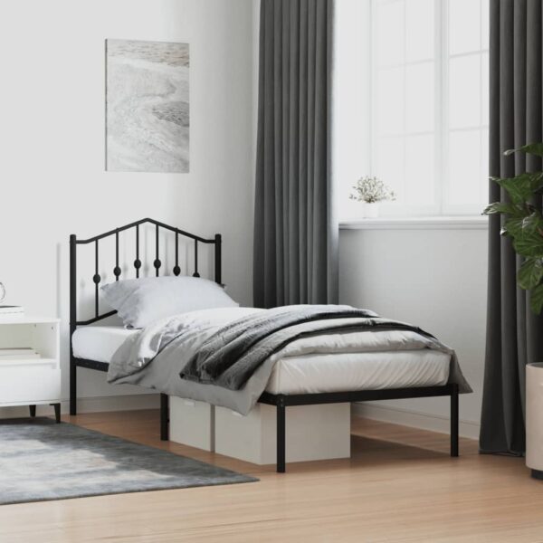 Elegant Single Metal Bed Frame with Headboard Sturdy Steel Slats Black Finish