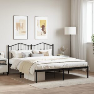 King Size Metal Bed Frame with Headboard Elegant Black Sturdy Steel Slats