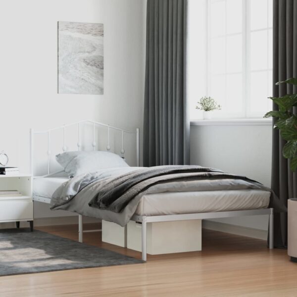 Elegant White Metal Bed Frame with Headboard Sturdy Steel Slats Storage Space