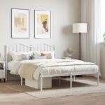 Elegant White Metal Bed Frame with Headboard Sturdy Steel Slats Storage Space