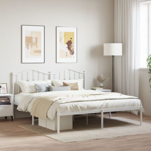 King Size White Metal Bed Frame with Elegant Headboard Sturdy Steel Construction