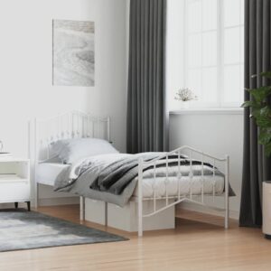 Elegant White Metal Single Bed Frame with Headboard Footboard Sturdy Steel Slats