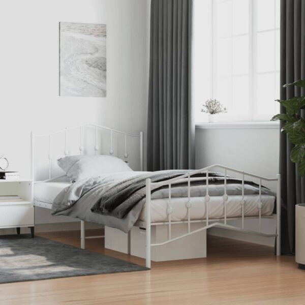 Elegant White Metal Bed Frame with Headboard Footboard Sturdy Steel Slats