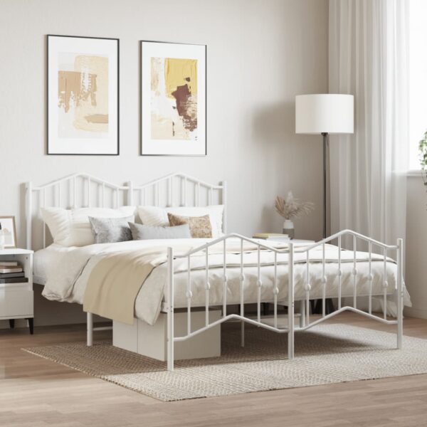 Elegant White Metal Bed Frame with Headboard Footboard Sturdy Steel Slats