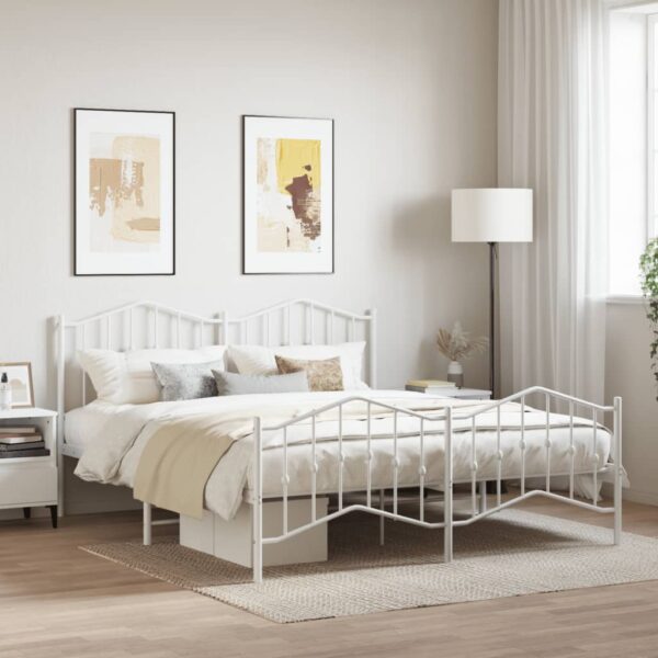 Elegant White King Size Metal Bed Frame with Headboard Storage Space