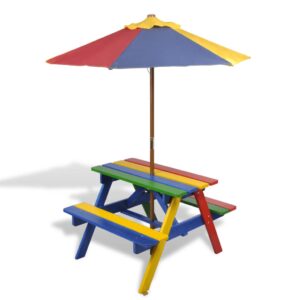 Colorful Kids Picnic Table Set with Benches and Sunshade Outdoor Play Furniture