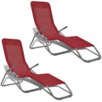 Adjustable Red Textilene Sun Loungers Set Weatherproof Foldable Outdoor Chairs