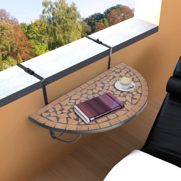 Semi-Circular Mosaic Balcony Hanging Table Foldable Iron Frame Terracotta