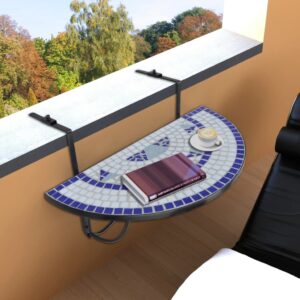 Mosaic Balcony Hanging Table Semi-Circular Foldable Blue White Ceramic Top