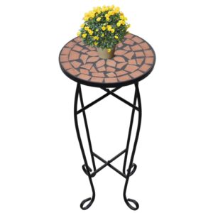 Elegant Mosaic Side Table Weatherproof Ceramic Top Curved Iron Legs Garden Decor