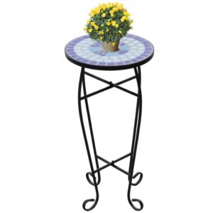 Elegant Mosaic Side Plant Table Weatherproof Ceramic Top Curved Iron Legs Patio